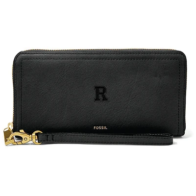 Women's Fossil Black Rochester Yellow Jackets Leather Logan RFID Zip Around Clutch