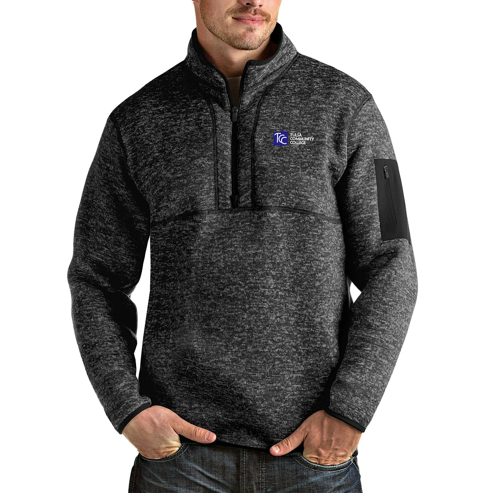 Men's Antigua Heathered Black Tulsa Community College Fortune Quarter-Zip Jacket