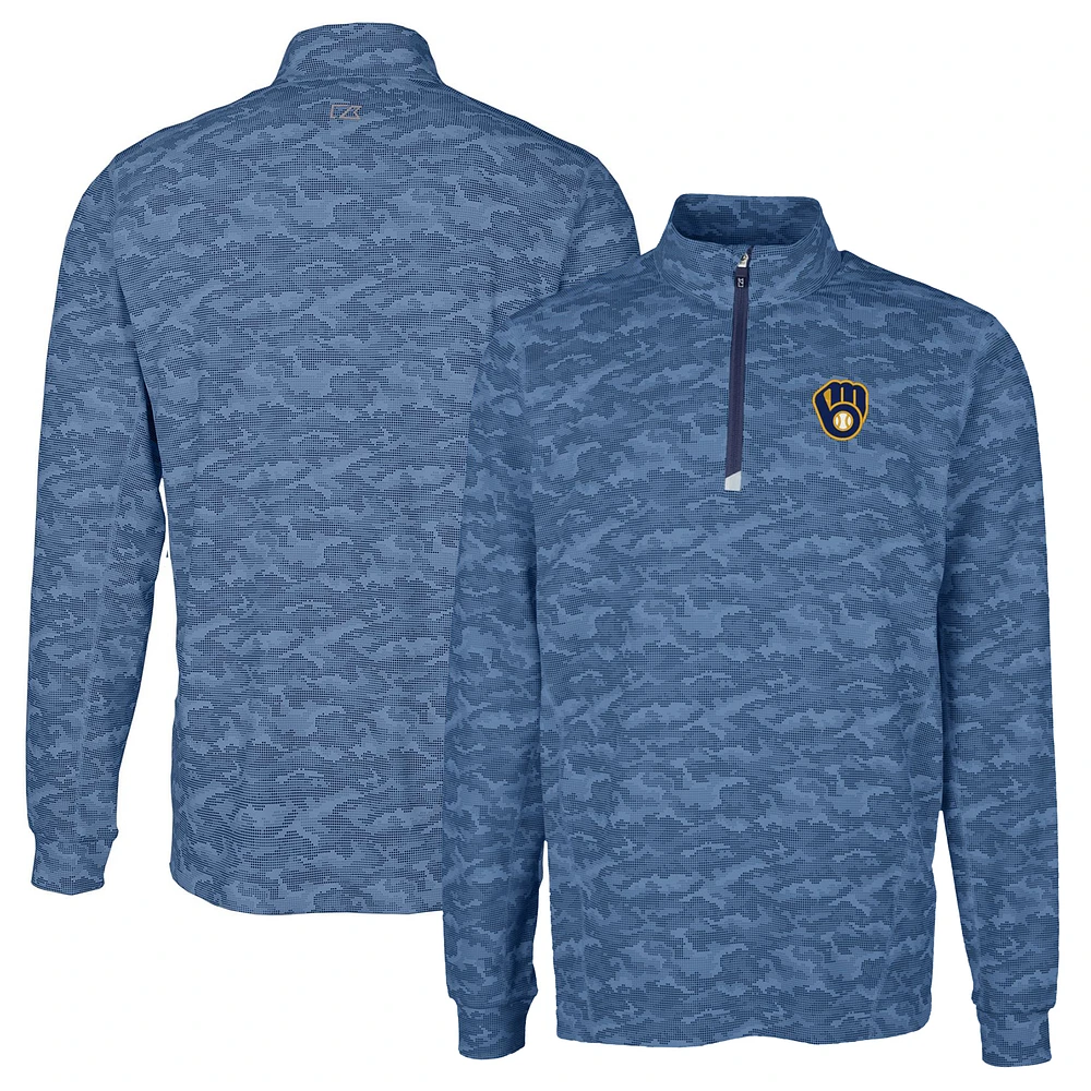 Men's Cutter & Buck Navy Milwaukee Brewers Traverse Camo Print Stretch Quarter-Zip Pullover Top