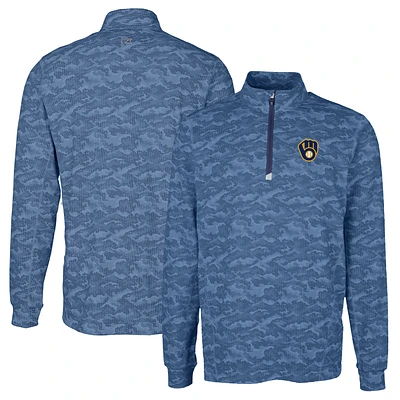 Men's Cutter & Buck Navy Milwaukee Brewers Traverse Camo Print Stretch Quarter-Zip Pullover Top