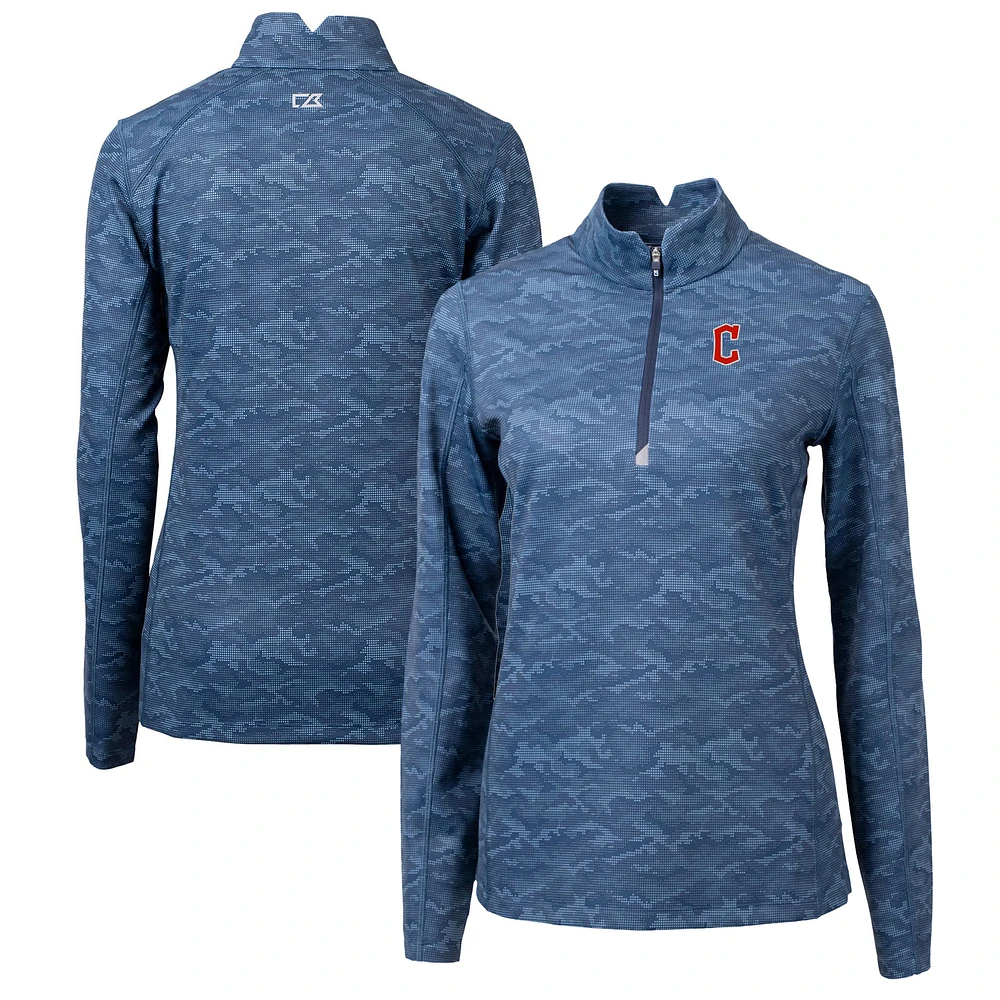 Women's Cutter & Buck Navy Cleveland Guardians Traverse Camo Print Stretch Quarter-Zip Pullover Top