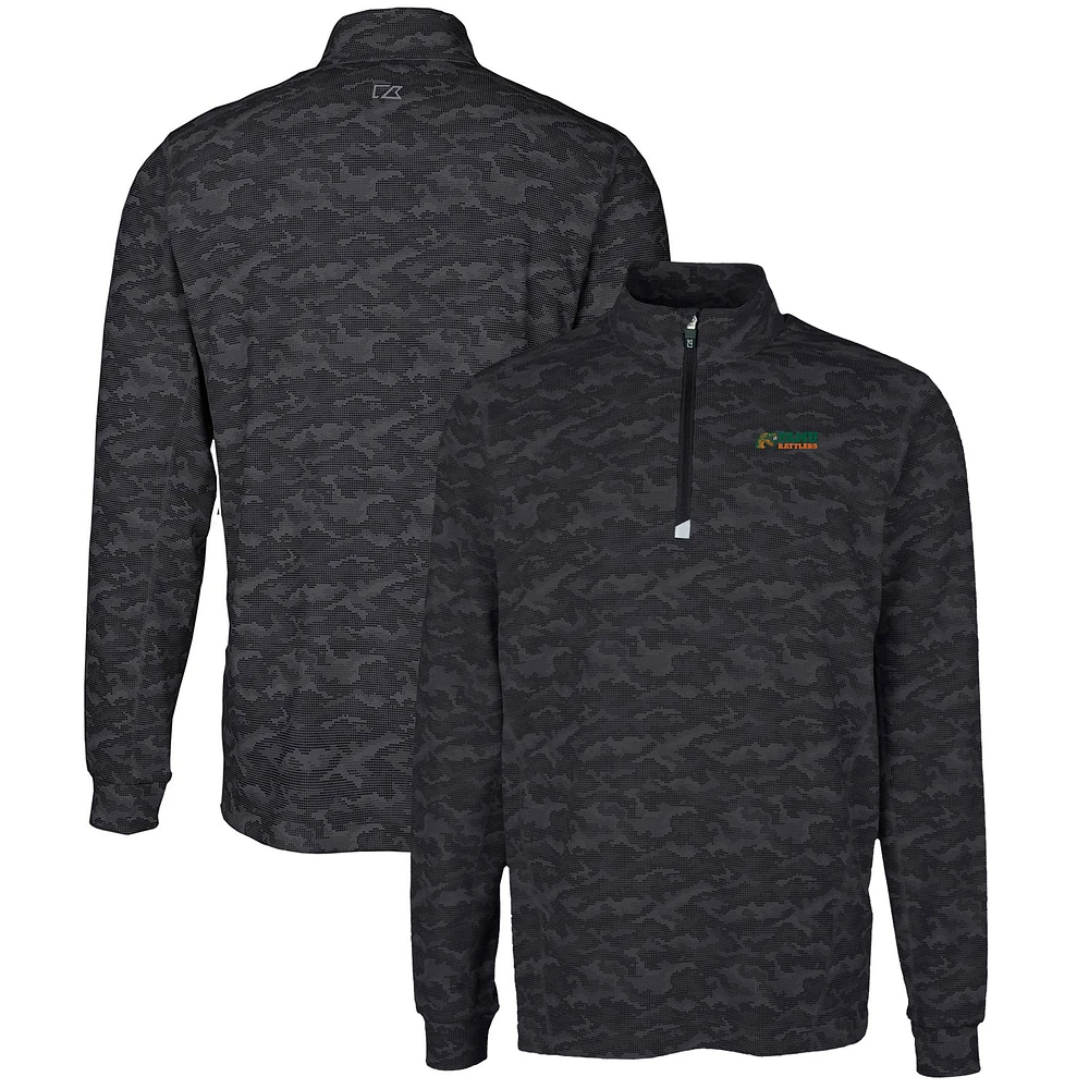 Men's Cutter & Buck Black Florida A&M Rattlers Big Tall Traverse Camo Print Stretch Quarter-Zip Pullover Top