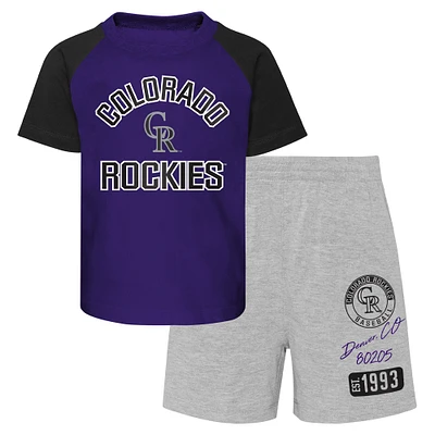 Infant Purple/Heather Gray Colorado Rockies Ground Out Baller Raglan T-Shirt and Shorts Set