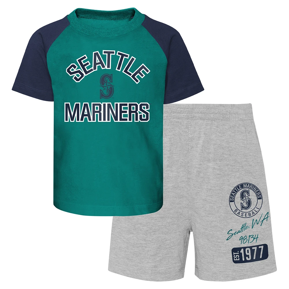 Infant Aqua/Heather Gray Seattle Mariners Ground Out Baller Raglan T-Shirt and Shorts Set