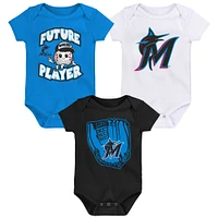 Infant Blue/Black/White Miami Marlins Minor League Player Three-Pack Bodysuit Set