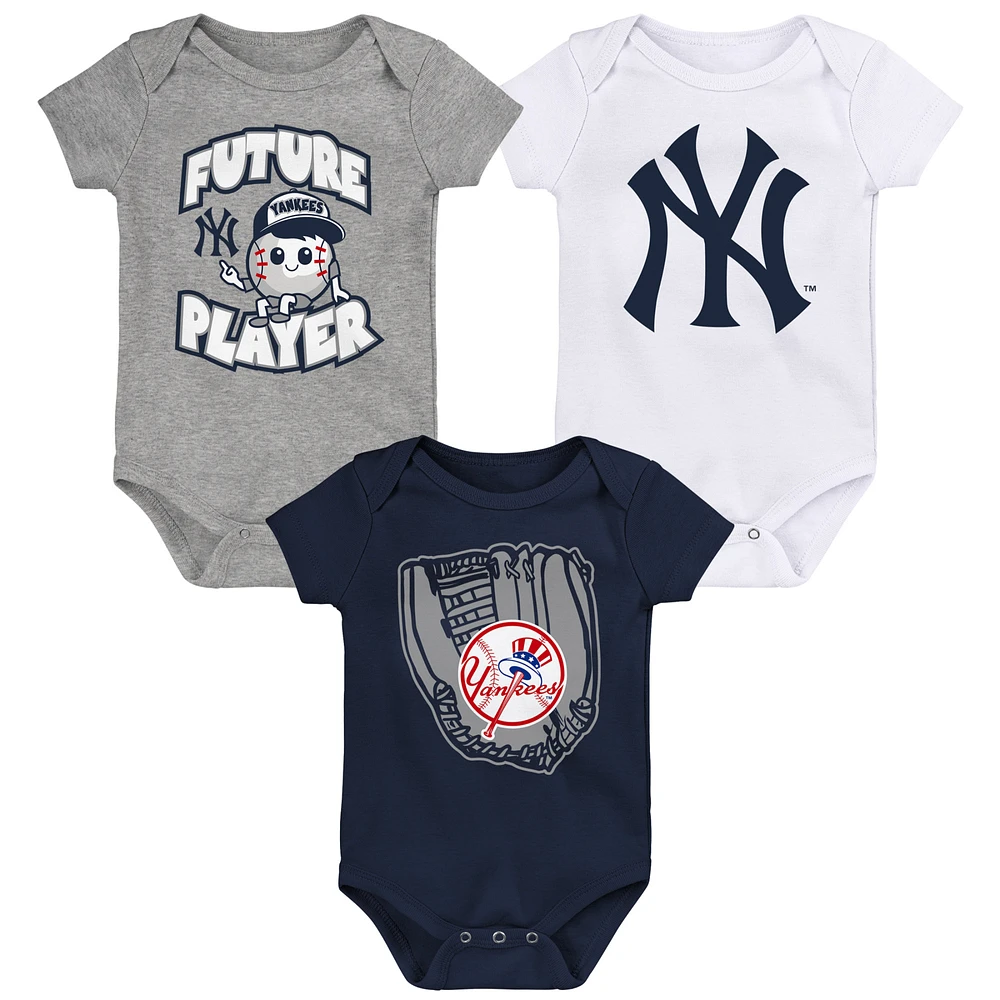 Infant Heather Gray/Navy/White New York Yankees Minor League Player Three-Pack Bodysuit Set