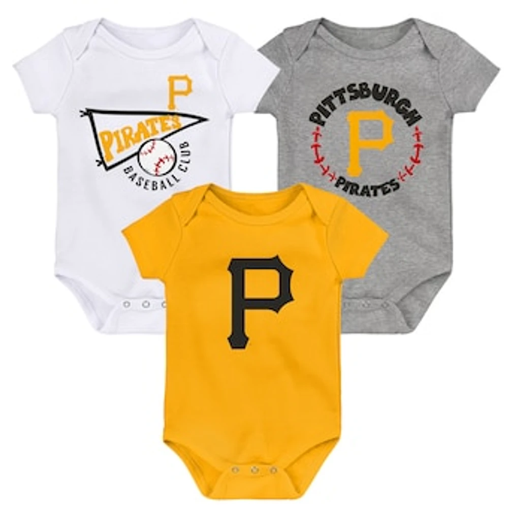 Newborn & Infant Gold/White/Heather Gray Pittsburgh Pirates Biggest Little Fan 3-Pack Bodysuit Set