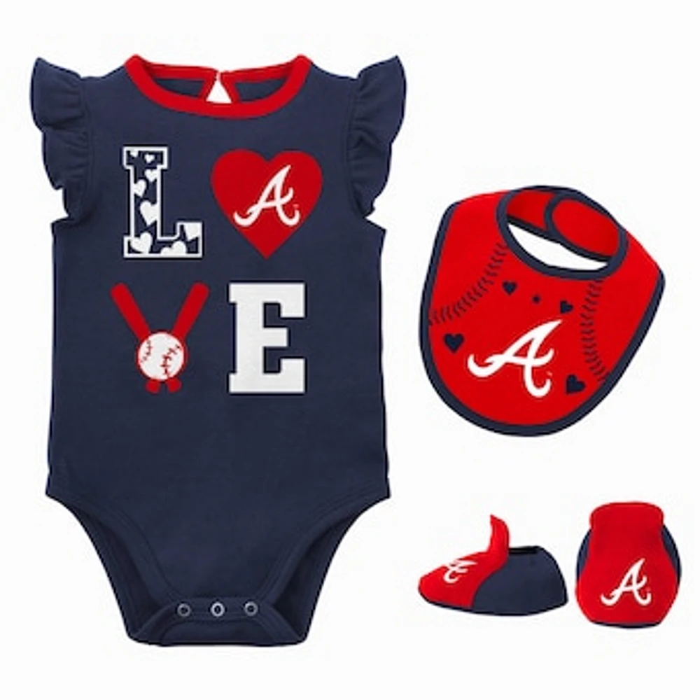 Newborn & Infant Navy/Red Atlanta Braves Three-Piece Love of Baseball Bib Bodysuit Booties Set