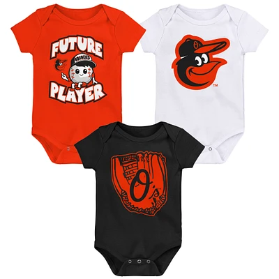 Newborn & Infant Orange/Black/White Baltimore Orioles Minor League Player Three-Pack Bodysuit Set