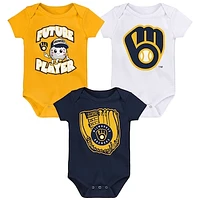 Newborn & Infant Gold/Navy/White Milwaukee Brewers Minor League Player Three-Pack Bodysuit Set