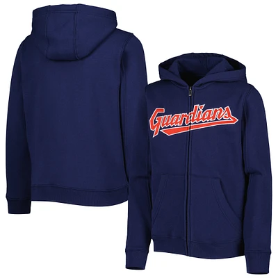 Youth Navy Cleveland Guardians Wordmark Full-Zip Fleece Hoodie