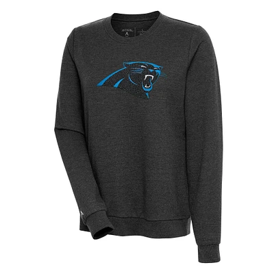 Women's Antigua Heathered Black Carolina Panthers Action Crewneck Chenille Pullover Sweatshirt