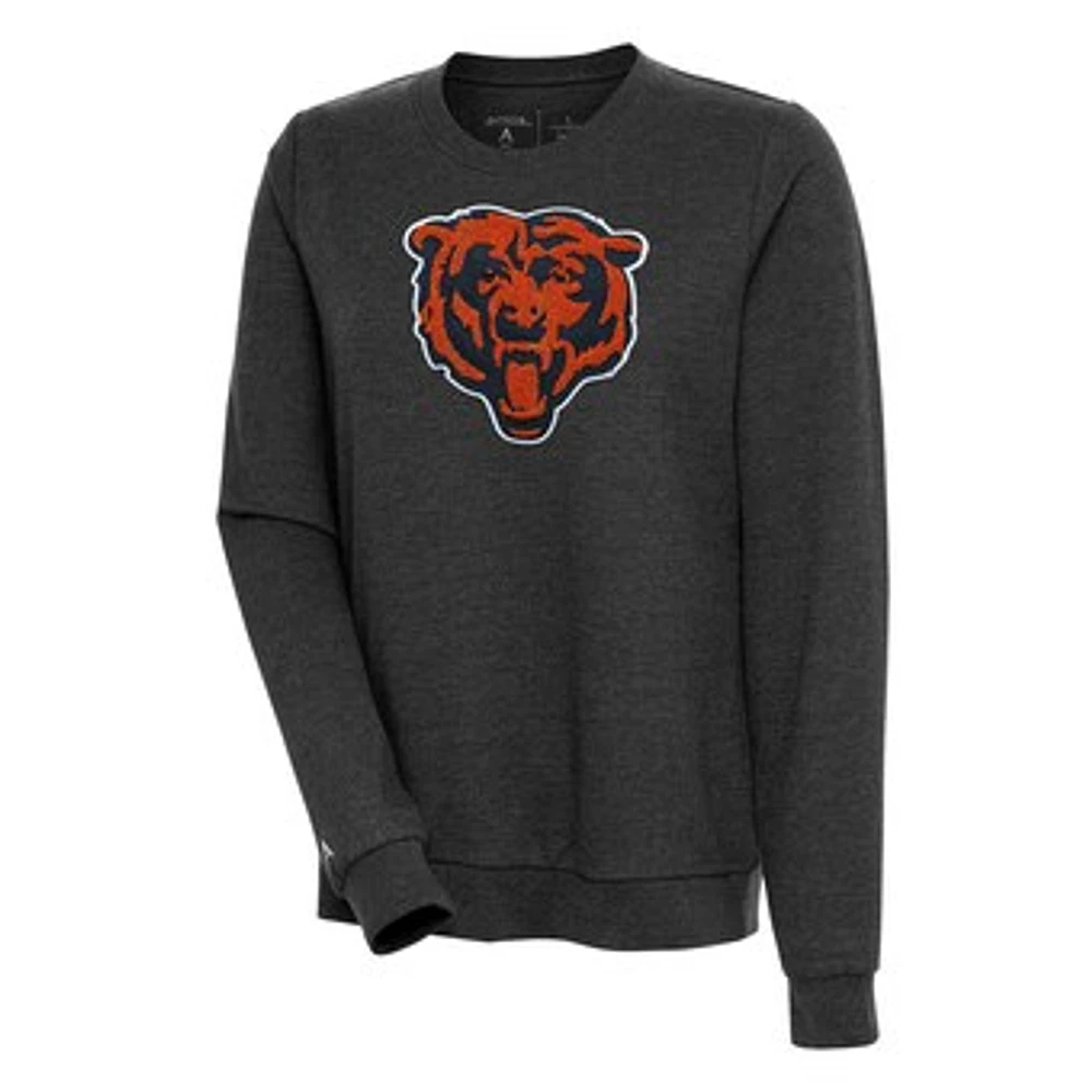 Women's Antigua Heathered Black Chicago Bears Action Crewneck Chenille Pullover Sweatshirt