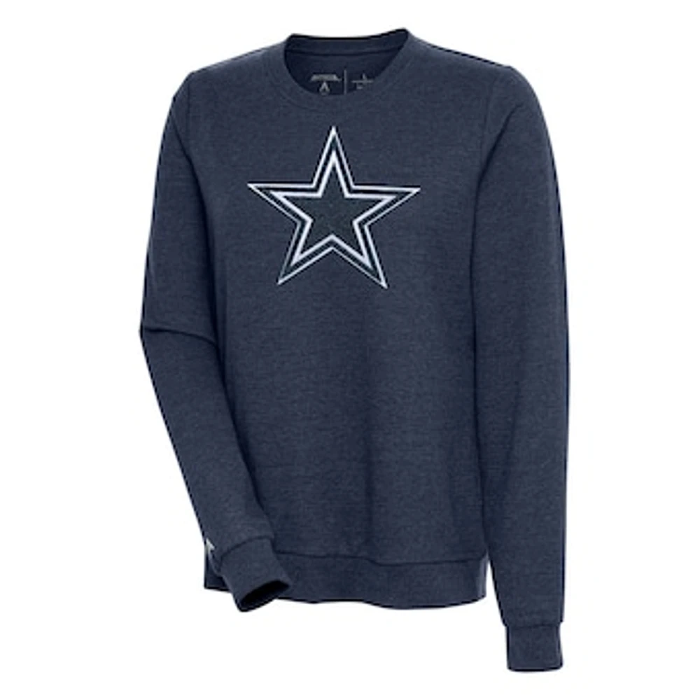 Women's Antigua Heathered Navy Dallas Cowboys Action Crewneck Chenille Pullover Sweatshirt