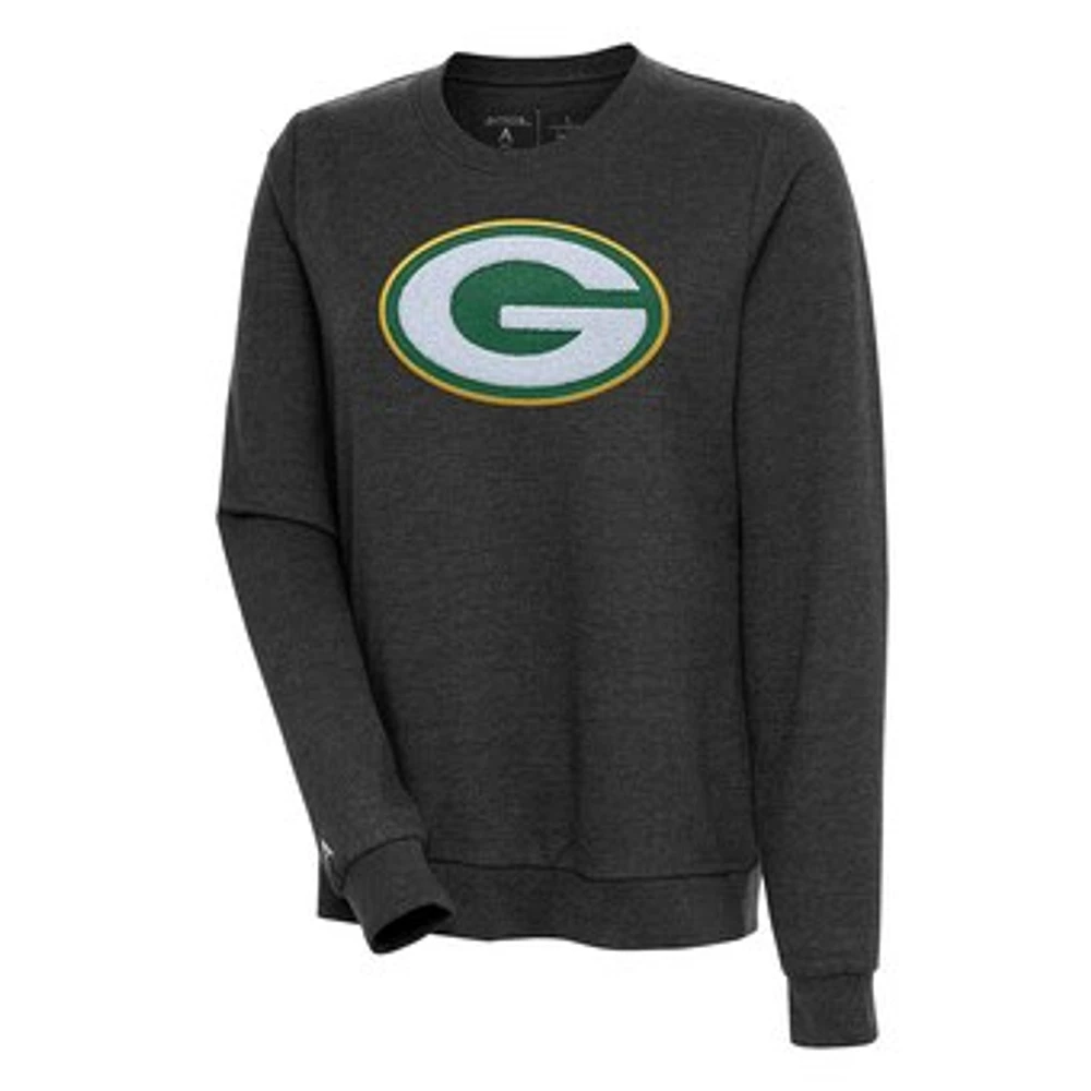 Women's Antigua Heathered Black Green Bay Packers Action Crewneck Chenille Pullover Sweatshirt