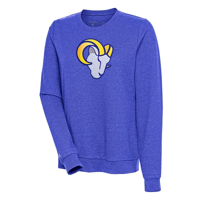 Women's Antigua Heathered Royal Los Angeles Rams Action Crewneck Chenille Pullover Sweatshirt