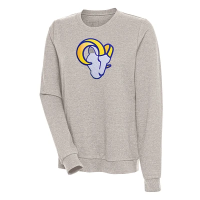 Women's Antigua Oatmeal Los Angeles Rams Action Crewneck Chenille Pullover Sweatshirt