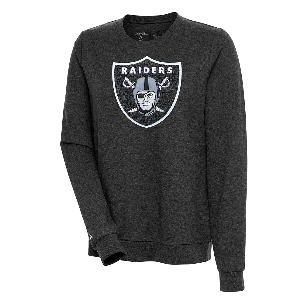 Women's Antigua Heathered Black Las Vegas Raiders Action Crewneck Chenille Pullover Sweatshirt