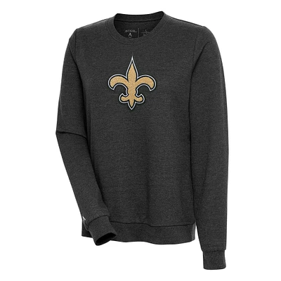 Women's Antigua Heathered Black New Orleans Saints Action Crewneck Chenille Pullover Sweatshirt