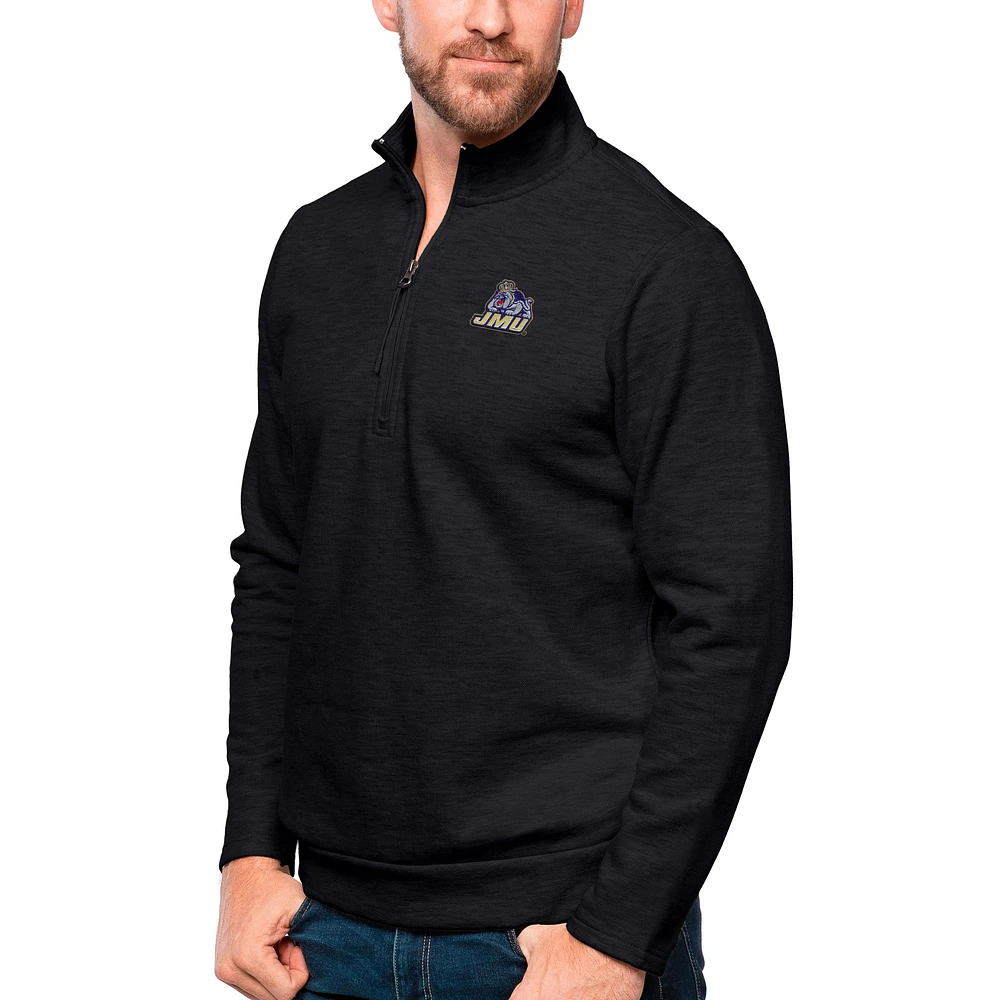 Men's Antigua Heather Black James Madison Dukes Gambit Quarter-Zip Pullover Top