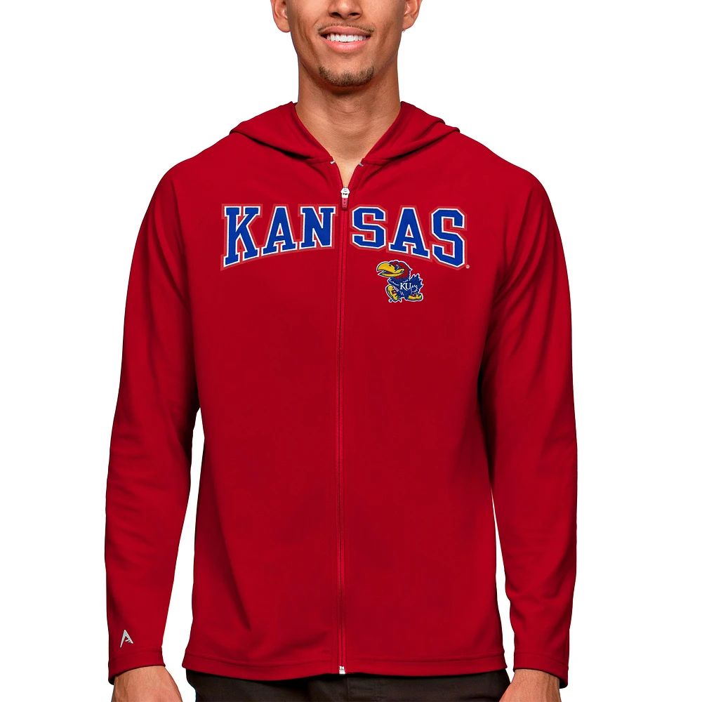 Men's Antigua Red Kansas Jayhawks Wordmark Legacy Full-Zip Hoodie