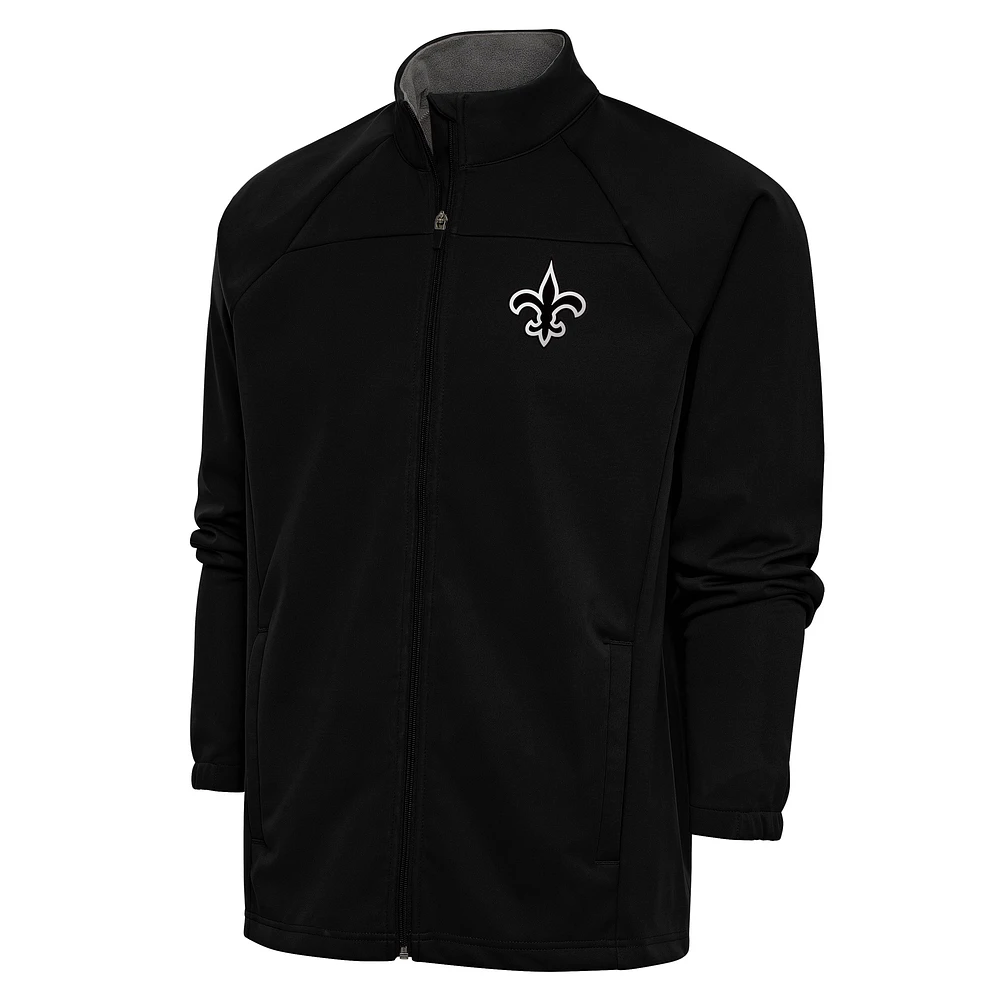 Men's Antigua Black New Orleans Saints Metallic Logo Links Full-Zip Golf Jacket