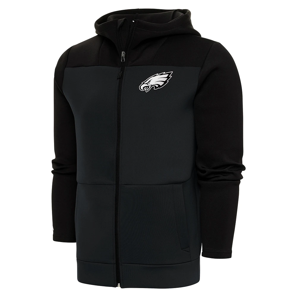 Men's Antigua Charcoal/Black Philadelphia Eagles Metallic Logo Protect Full-Zip Hoodie