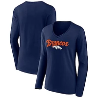 Women's Navy Denver Broncos Freehand Team Long Sleeve V-Neck T-Shirt