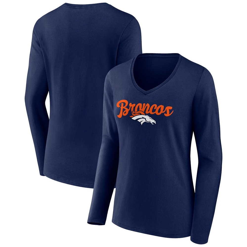 Women's Navy Denver Broncos Freehand Team Long Sleeve V-Neck T-Shirt