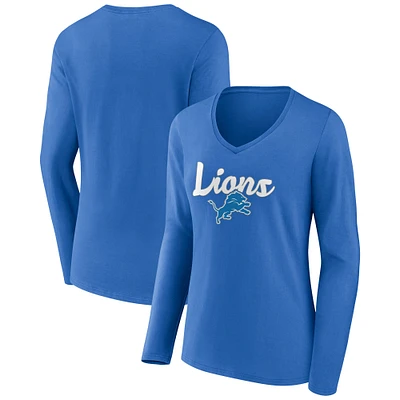 Women's Blue Detroit Lions Freehand Team Long Sleeve V-Neck T-Shirt