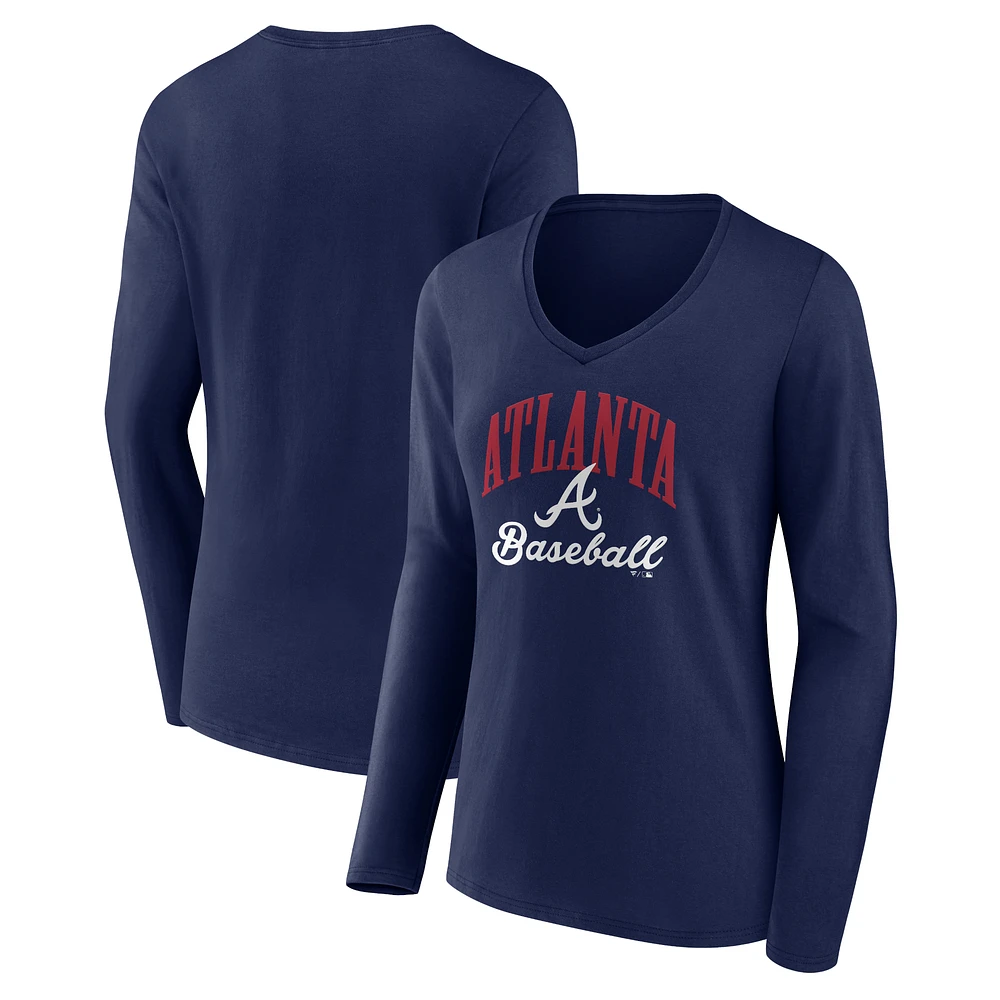 Women's Navy Atlanta Braves Victory Script Long Sleeve V-Neck T-Shirt