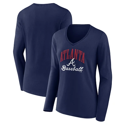 Women's Navy Atlanta Braves Victory Script Long Sleeve V-Neck T-Shirt
