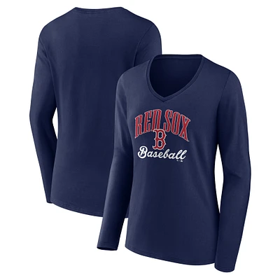 Women's Navy Boston Red Sox Victory Script Long Sleeve V-Neck T-Shirt
