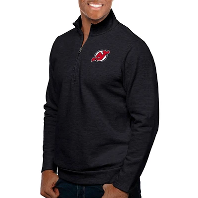 Men's Antigua Heather Black New Jersey Devils Gambit Quarter-Zip Pullover Top