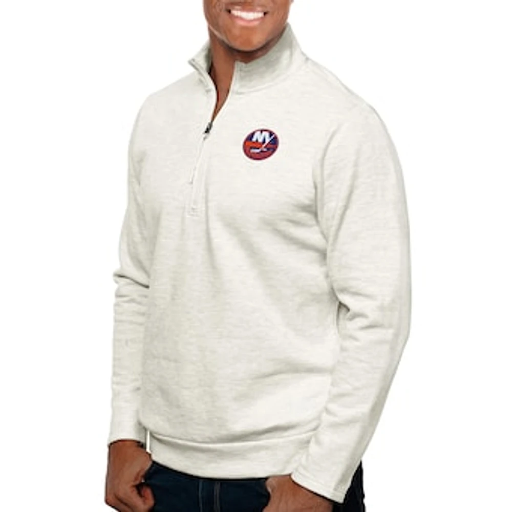 Men's Antigua Oatmeal New York Islanders Gambit Quarter-Zip Pullover Top