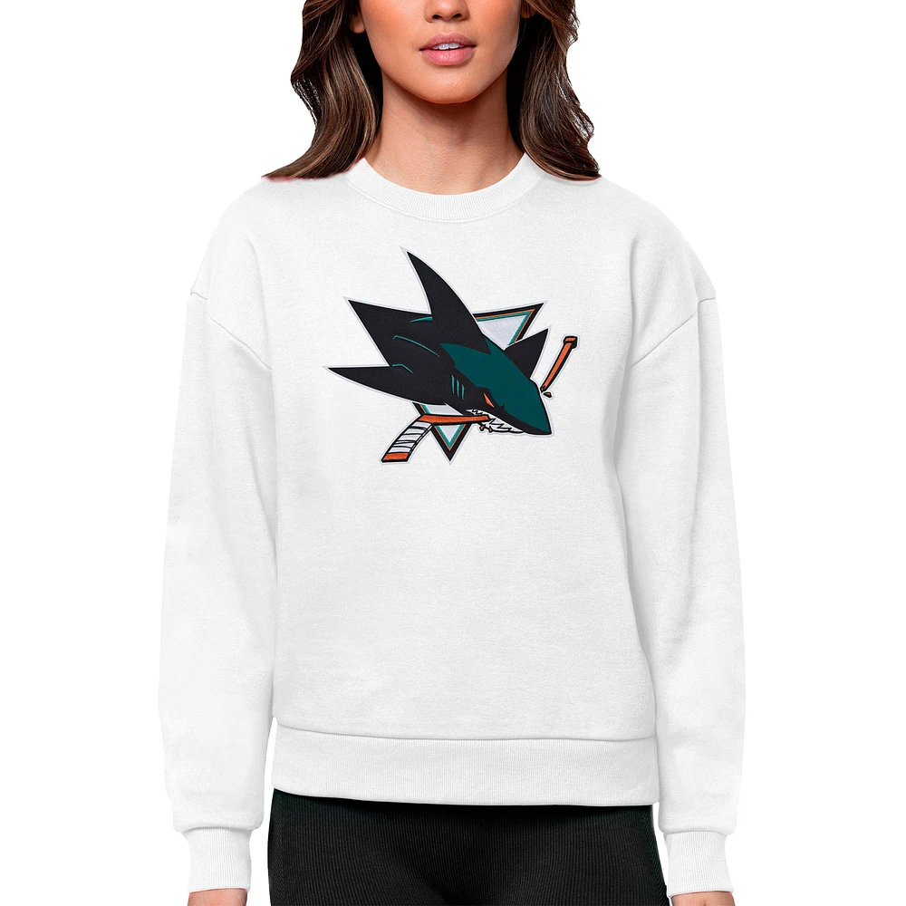 Women's Antigua White San Jose Sharks Primary Logo Team Victory Crewneck Pullover Sweatshirt