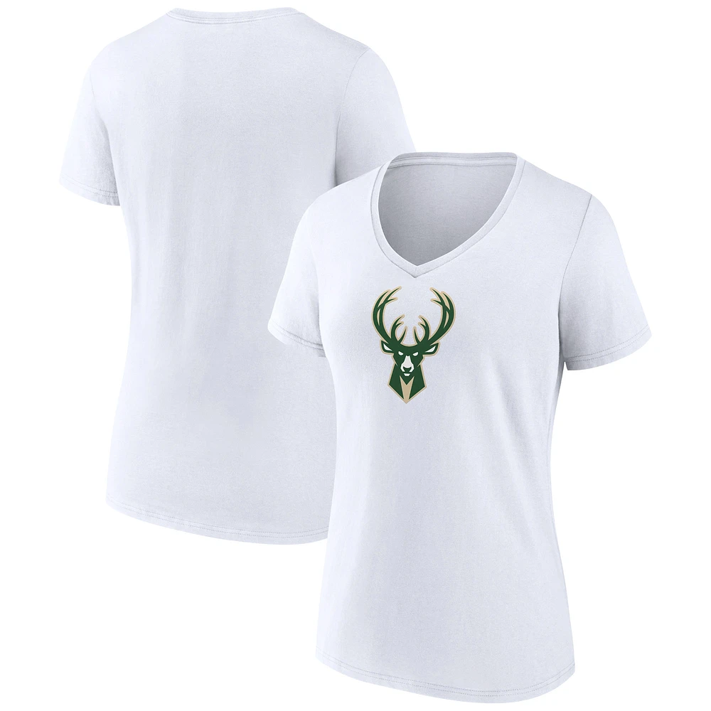 Women's White Milwaukee Bucks Logo V-Neck T-Shirt