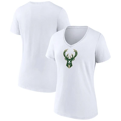 Women's White Milwaukee Bucks Logo V-Neck T-Shirt