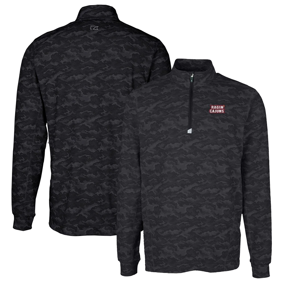 Men's Cutter & Buck Black Louisiana Ragin' Cajuns Traverse Camo Print Stretch Quarter-Zip Pullover Top