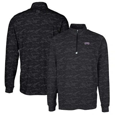Men's Cutter & Buck Black TCU Horned Frogs Traverse Camo Print Stretch Quarter-Zip Pullover Top