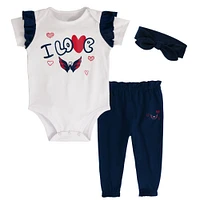 Girls Infant White/Navy Washington Capitals I Love Hockey Bodysuit Pants & Headband Set