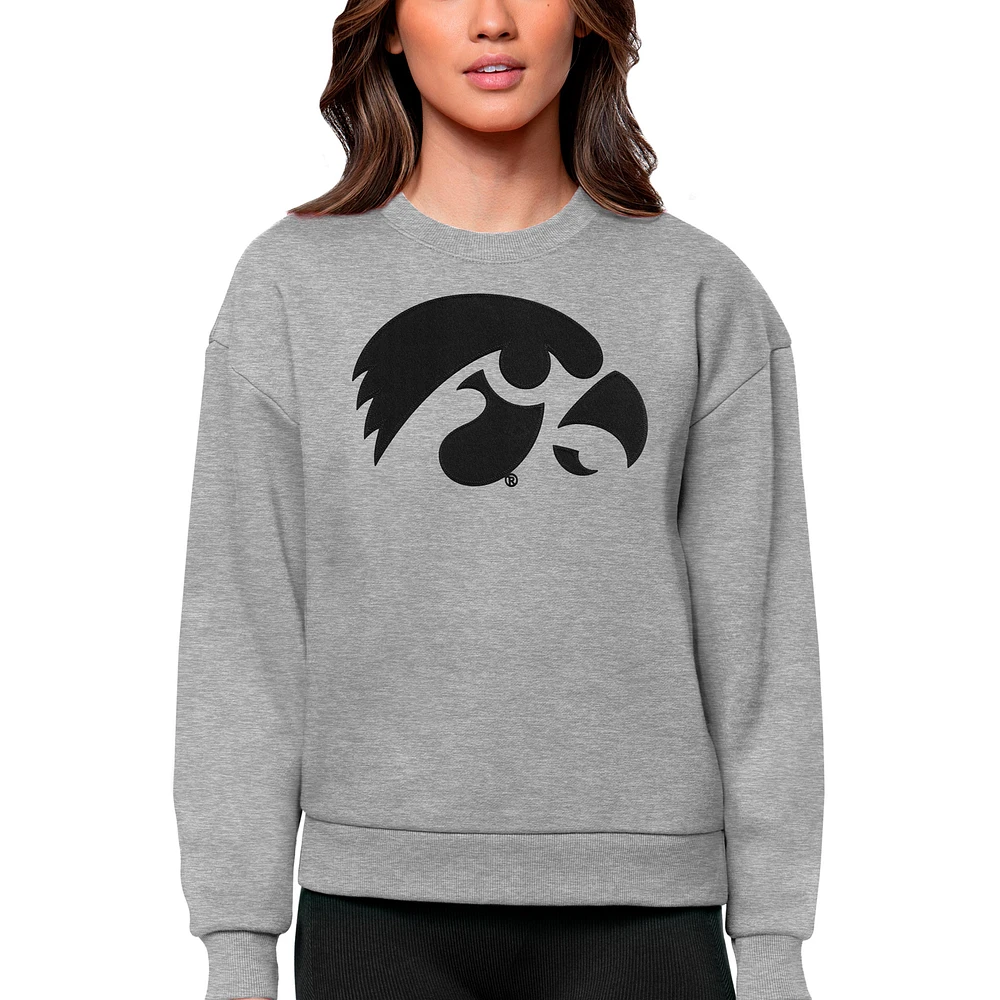 Women's Antigua Heather Gray Iowa Hawkeyes Victory Crewneck Pullover Sweatshirt