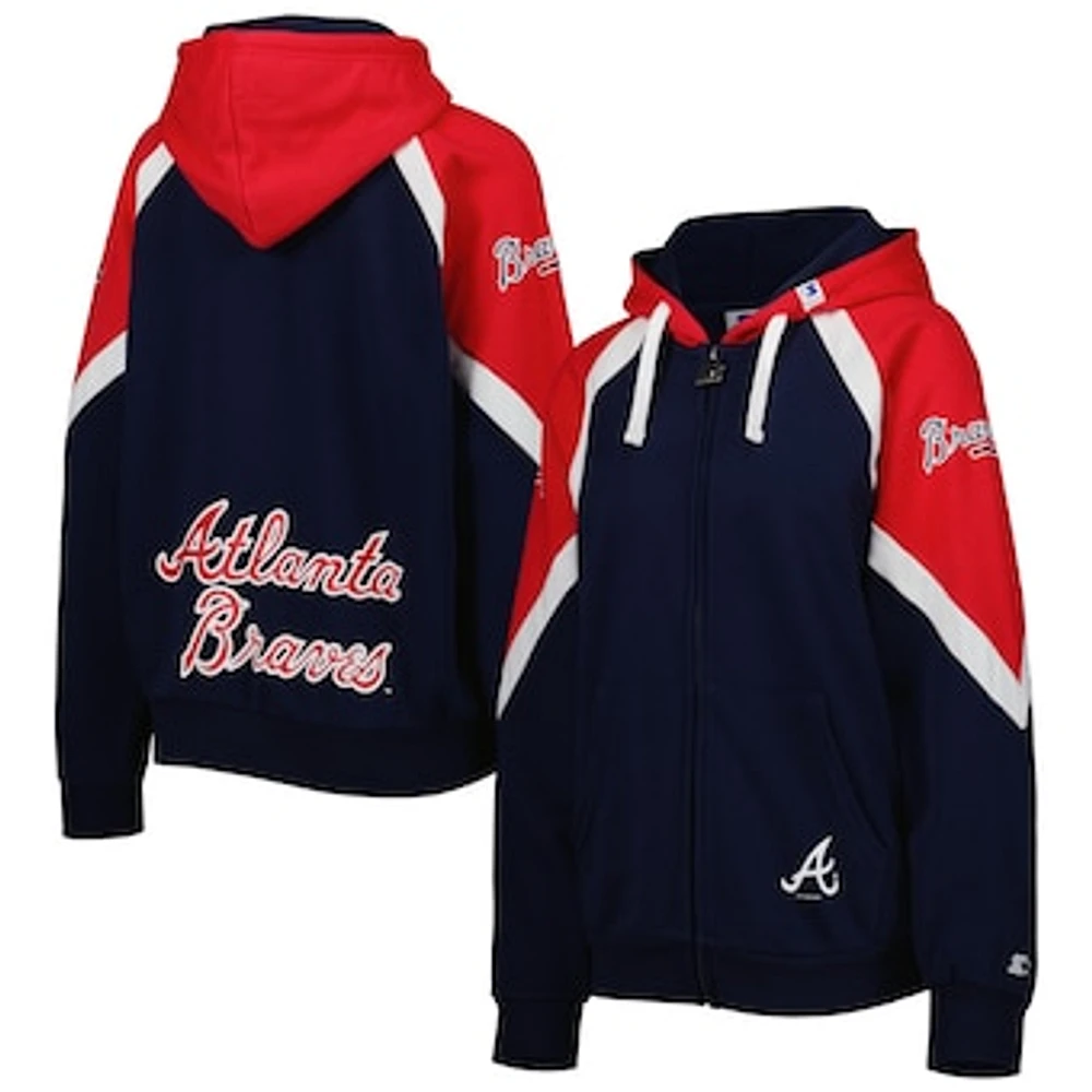 Women's Starter Navy/Red Atlanta Braves Hail Mary Full-Zip Hoodie