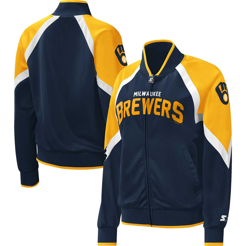 Women's Starter Navy Milwaukee Brewers Touchdown Raglan Full-Zip Track Jacket