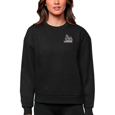Women's Antigua Black James Madison Dukes Logo Victory Crewneck Pullover Sweatshirt