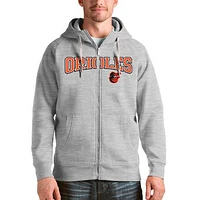 Men's Antigua Heather Gray Baltimore Orioles Team Logo Victory Full-Zip Hoodie