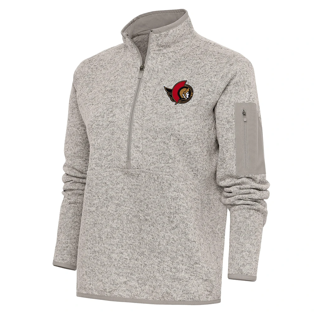 Women's Antigua Oatmeal Ottawa Senators Team Logo Fortune Quarter-Zip Jacket