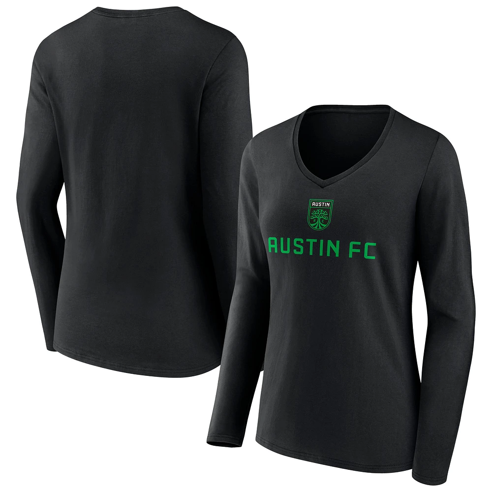 Women's Black Austin FC Shielded Logo Long Sleeve V-Neck T-Shirt