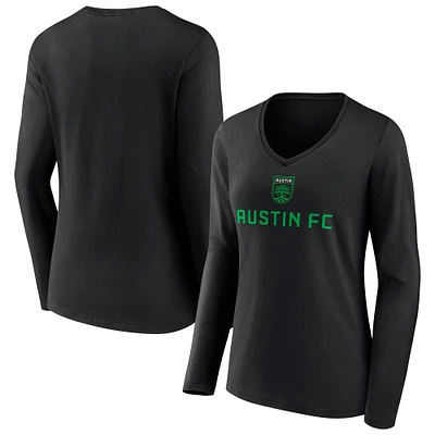 Women's Black Austin FC Shielded Logo Long Sleeve V-Neck T-Shirt