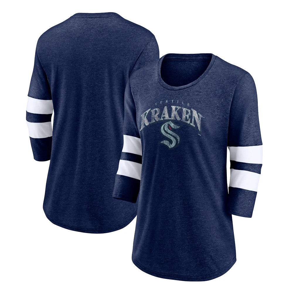 Women's Fanatics Heather Deep Sea Blue Seattle Kraken Special Edition 2.0 Barn Burner 3/4 Sleeve T-Shirt